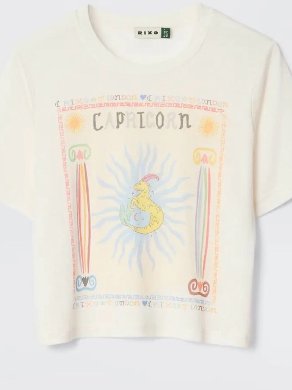 RIXO White Capricorn Graphic Short Sleeve Tee. Medium